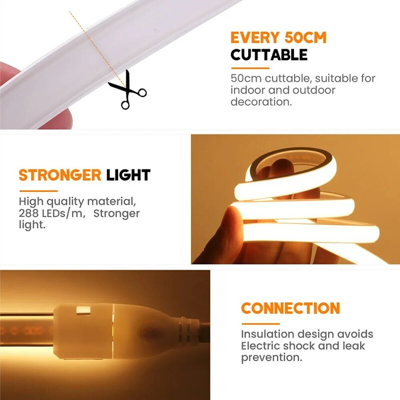 Lampu Strip Neon LED COB dapat diredupkan 220V Kit daya sakelar peredup kepadatan tinggi 288 LED pencahayaan linier IP68 pita fleksibel tahan air