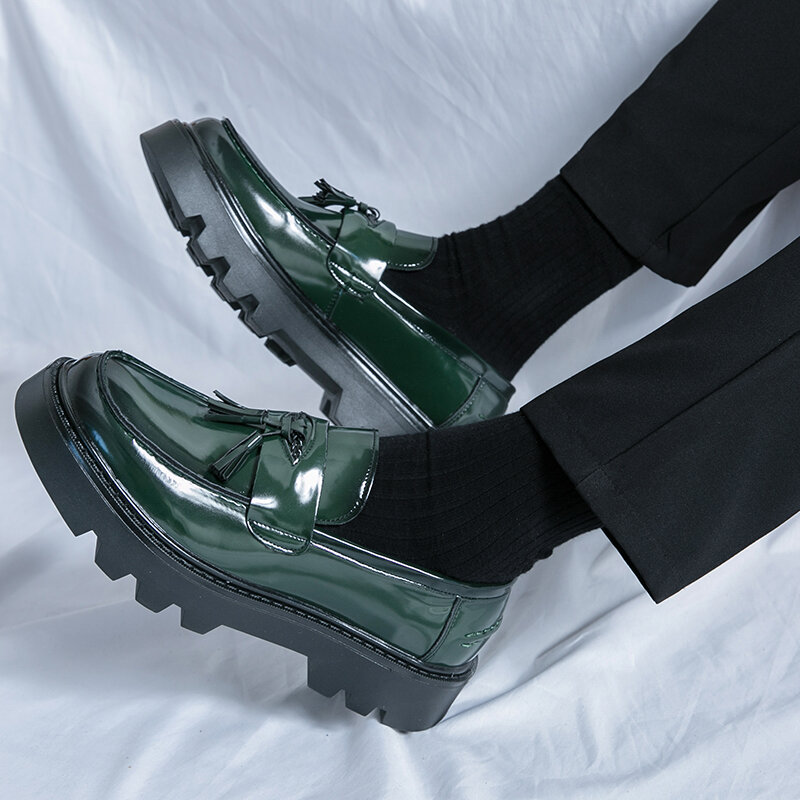 STleargSHEN-Chaussures décontractées en cuir verni pour hommes, mocassins de luxe à enfiler, chaussures provoqué à plateforme, vert, mode d'affaires
