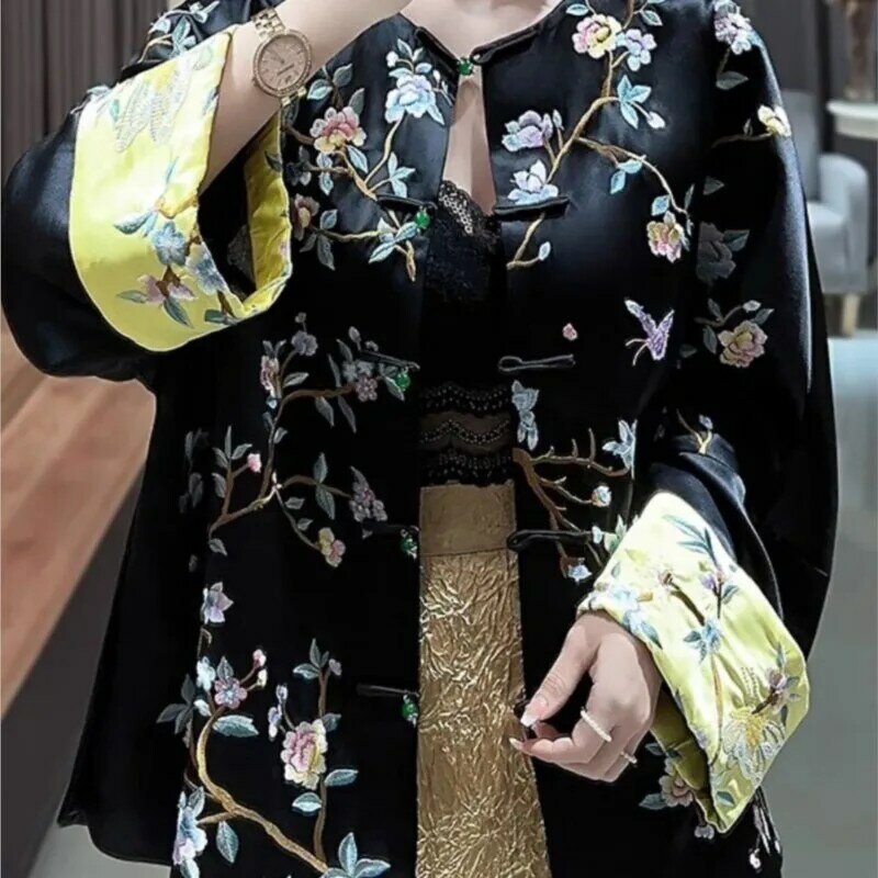 Nowy chiński damski płaszcz z haftem octanowym, okrągły dekolt, wielokolorowy, z długim rękawem, ulepszony kardigan w stylu narodowym