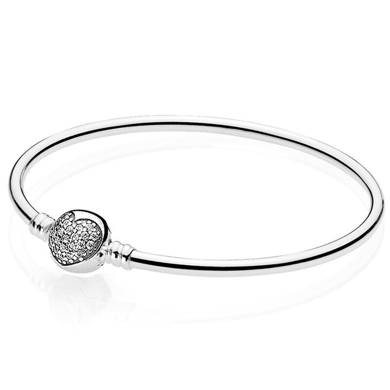 Moments Pave Heart Snake Ball Circular Clasp Snake Chain Bangle Fit Fashion 925 Sterling Silver Bracelet Bead Charm DIY Jewelry