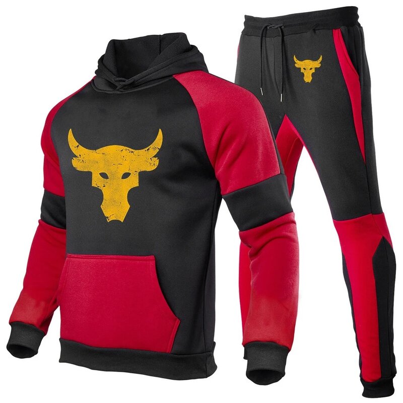 2024 Spring Autumn Men's Dwayne Johnson Brahma Bull Tattoo Logo Printed High Quality Pullover Hoodies+Sweatpants Patchwork Sets