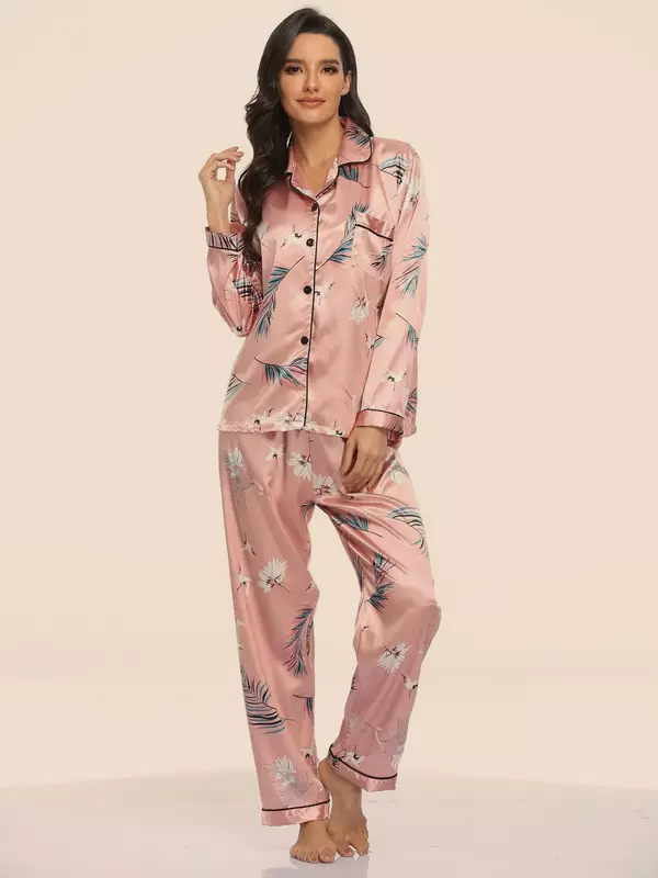 Women's Pajamas Set 2 Piece Print Pyjama Buttons Faux Silk Satin Sleepwear Spring Summer Long Sleeve Pijama Mujer Pjs Homewear