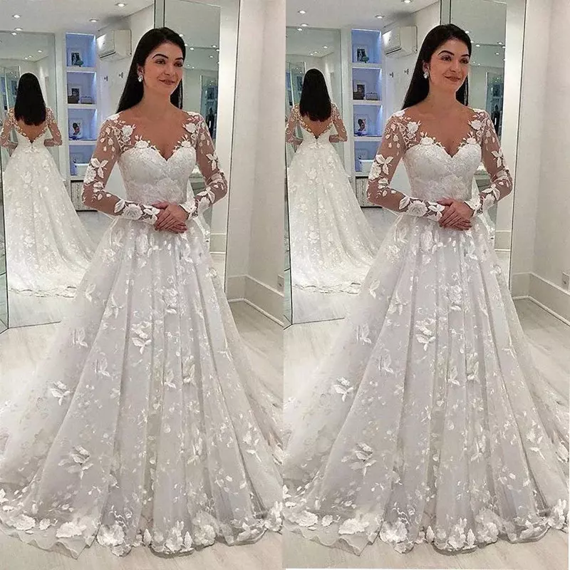 2024 New Wedding Dresses High Waist Luxury Lace Deep V-neck  Long Sleeve Dress Long Dress Wedding Bridesmaid Vestidos