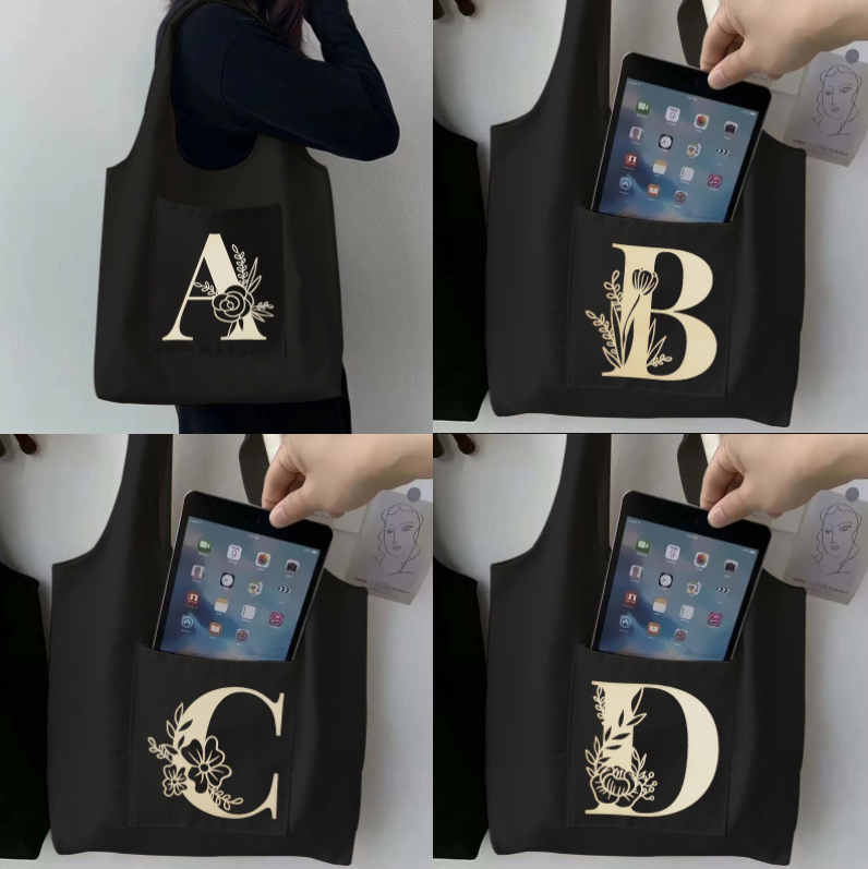 Lettera d'oro stampa semplice Shopping borse nere borsa a tracolla in tela stampata borsa in tessuto riutilizzabile per cartoni animati