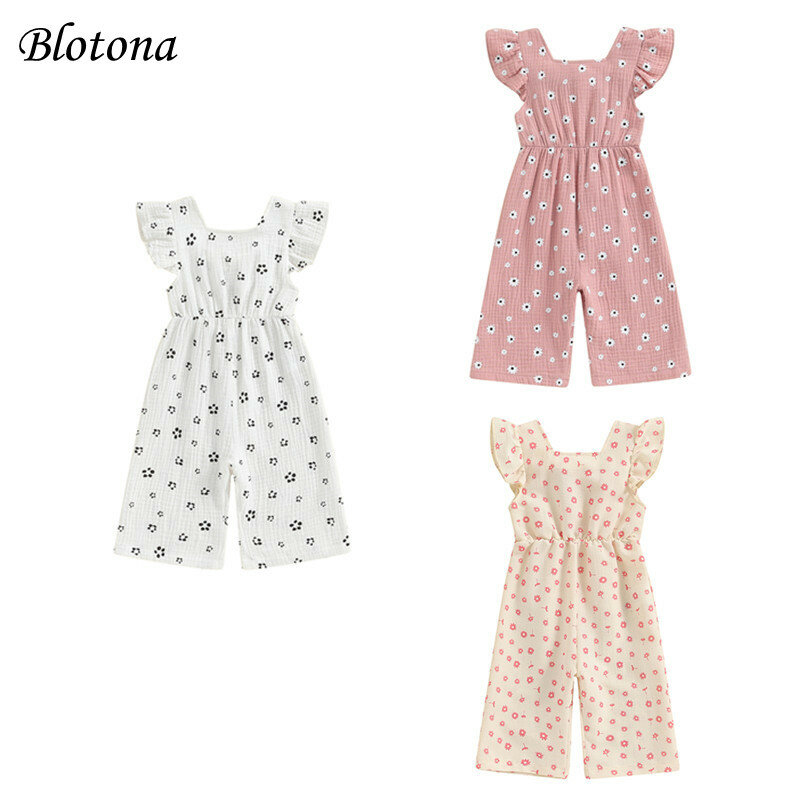 Blotona Little Girl Summer Romper Casual Floral Print Ruffled Square Neck Jumpsuit Pants for Toddler Kids Cute Overalls Clothes