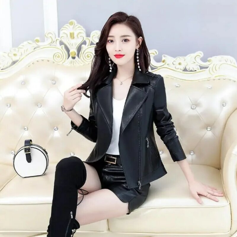 2024 Women Leather Jacket Spring Autumn Fashion Suit Collar Slim Biker Coat Split Leather Outerwear Sheepskin Streetwear Tops