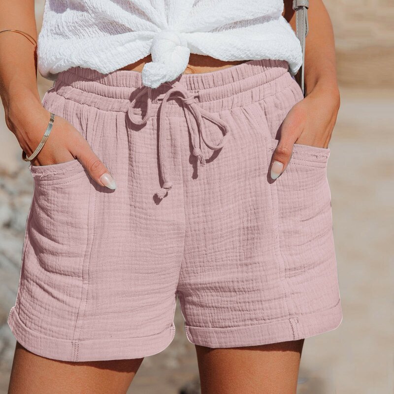 Summer Women's Shorts Solid Colour Casual Versatile Beach Pants Shorts High Waist Drawstring Elastic Loose Shorts With Pockets