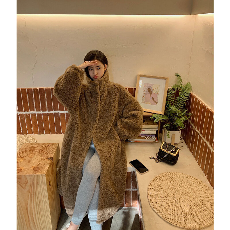 Abrigo de piel de manga larga para mujer, solapa grande, Simple, longitud media, lana tejida, Color básico, todo fósforo, suelto, grueso, cálido SoftWinter