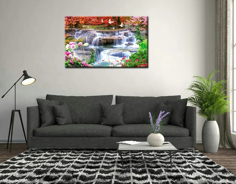 Wall Art HD Canvas Print Painting Waterfall Landscape Nature Flowers Picture Living Room Decor HYS2021