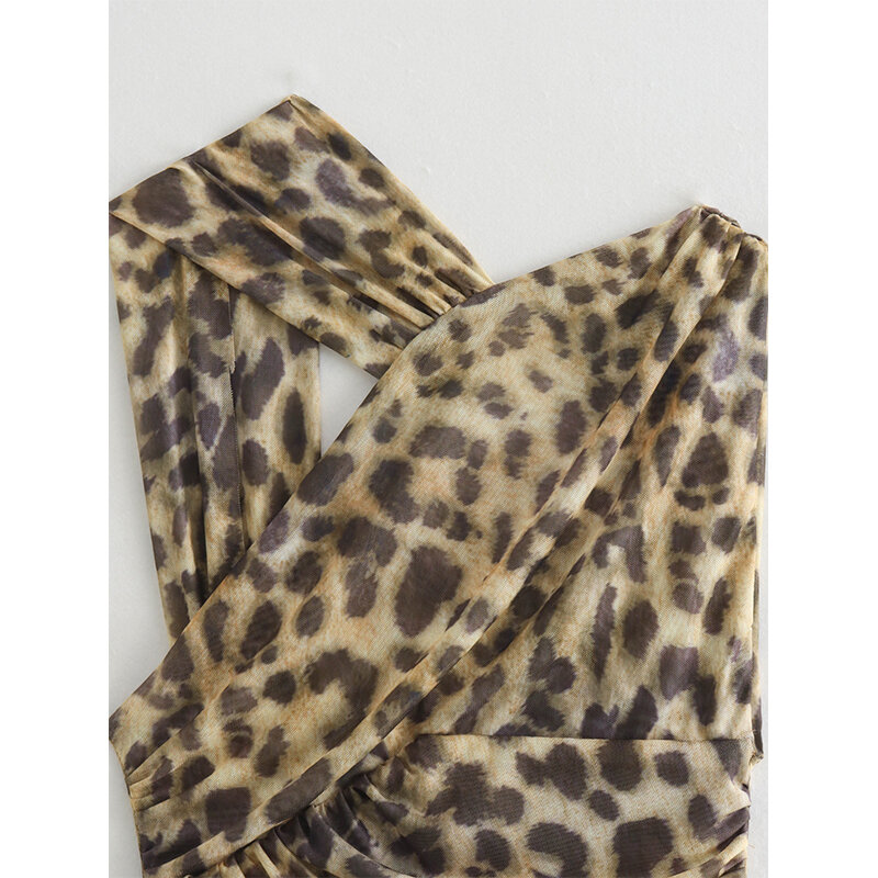 YENKYE-Body de malla drapeado asimétrico para Mujer, Pelele de leopardo, Body Sexy de verano, Tops
