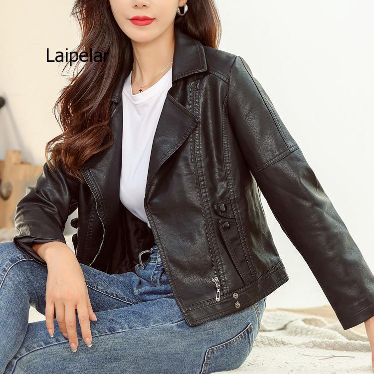 Jaket Kulit Imitasi Wanita Musim Gugur Lengan Panjang PU Longgar Jaket Pendek Motor Perempuan Streetwear Longgar Gaya Korea Pakaian Luar