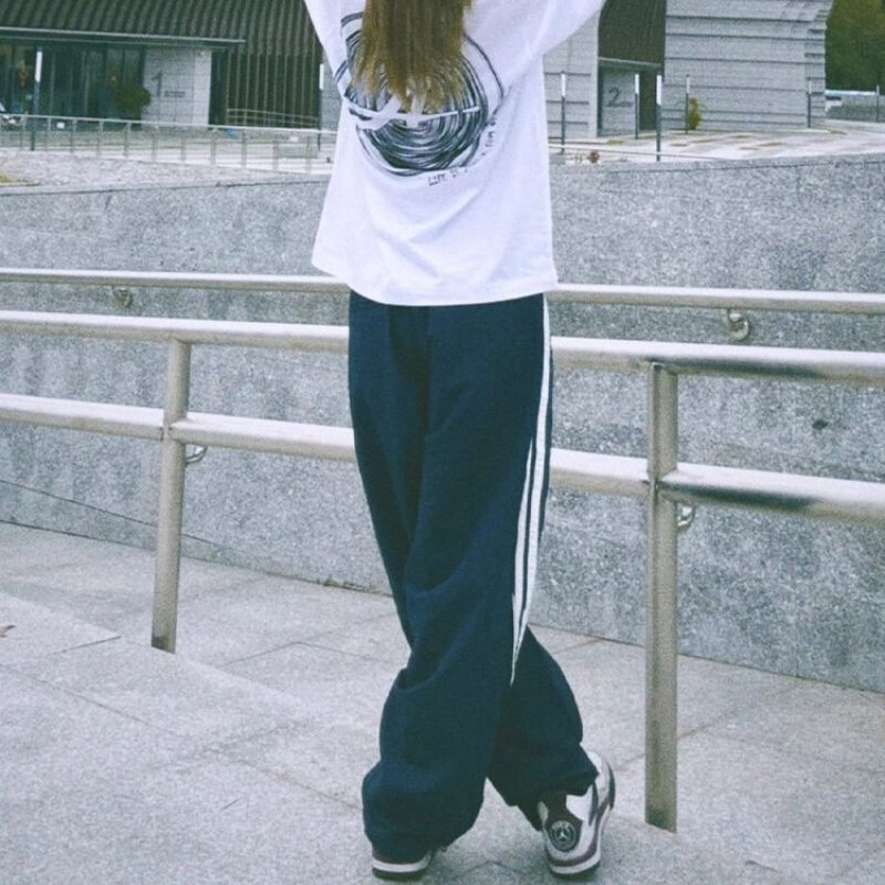 QWEEK Vintage 90s celana bergaris wanita Y2k celana panjang longgar Hip Hop parasut Streetwear Harajuku kasual kaki lebar celana olahraga musim panas