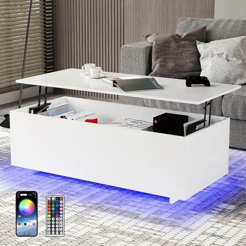 LEDライト付きコーヒーテーブル,高光沢,20色,リモコンまたはアプリで制御,リビングルーム