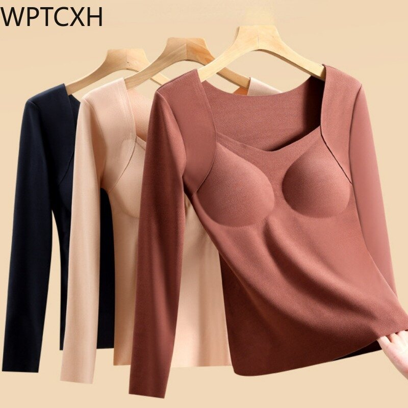 Women Thermal Underwear Autumn Winter Seamless Warm Top with Chest Pad High Elastic Slim Long Sleeve Thermostatic Base Shirt