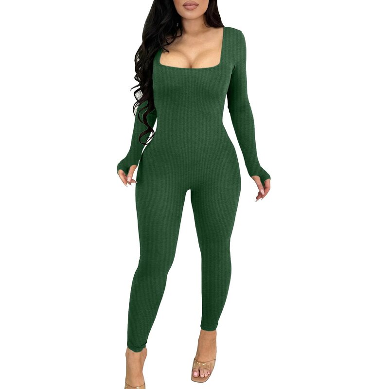 Women Skinny Jumpsuit Solid Color Ribbed Knit Long Sleeve Square Neck Bodycon Jumpsuit Work Out Sport Yoga Playsuits