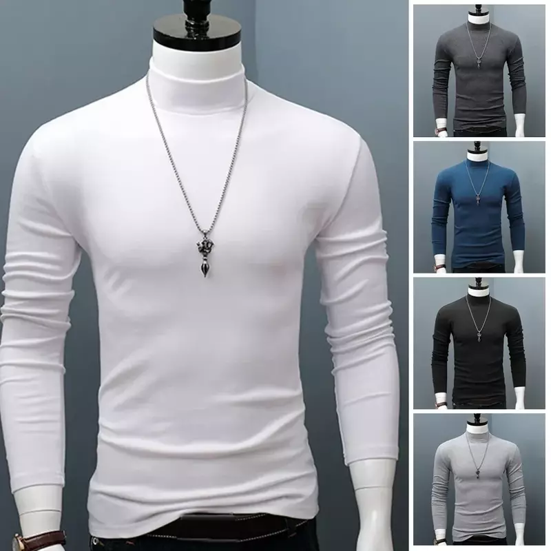 B1758  Hot Winter Warm Men Mock Neck Basic Plain T-shirt Blouse Pullover Long Sleeve Top Male Outwear Slim Fit Stretch Fashion