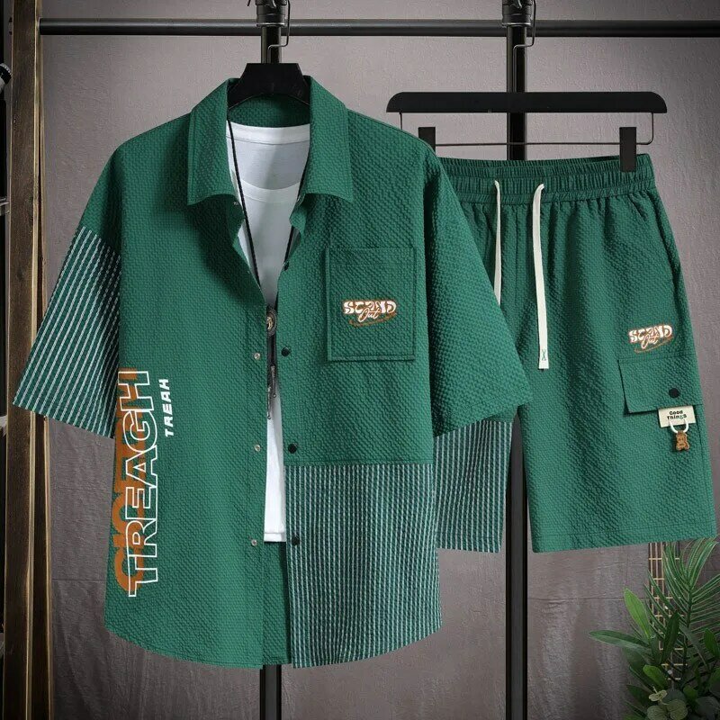 Shirt + Shorts 2024 Zomer Heren Modeset Katoenen Sportkleding Heren Casual Set Lente Heren Mode Shorts Shirts Heren Heren