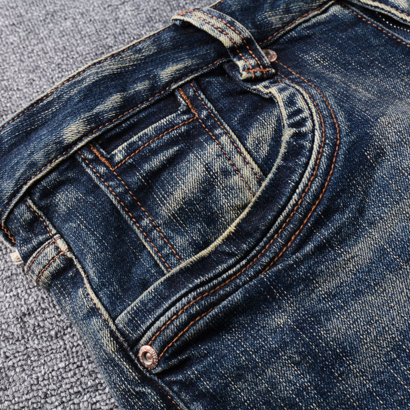 Джинсы мужские зауженные с заплатками, Винтажные эластичные рваные джинсы с вышивкой, дизайнерские штаны из денима в ретро стиле, черные синие