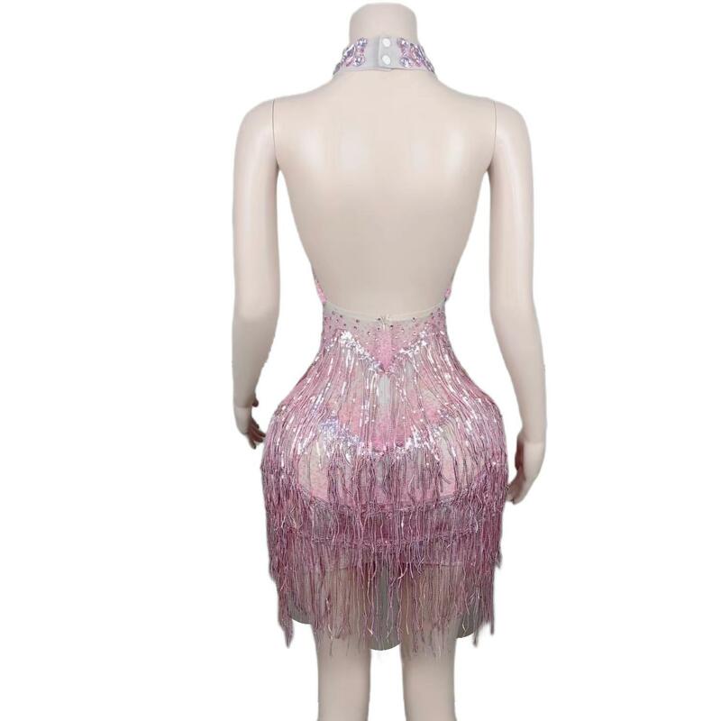 Sexy Halter Backless Sparkly Pink Sequined Dresses Black Girls Short Prom Dresses 2024 for Birthday Party Dresses Sanjiao
