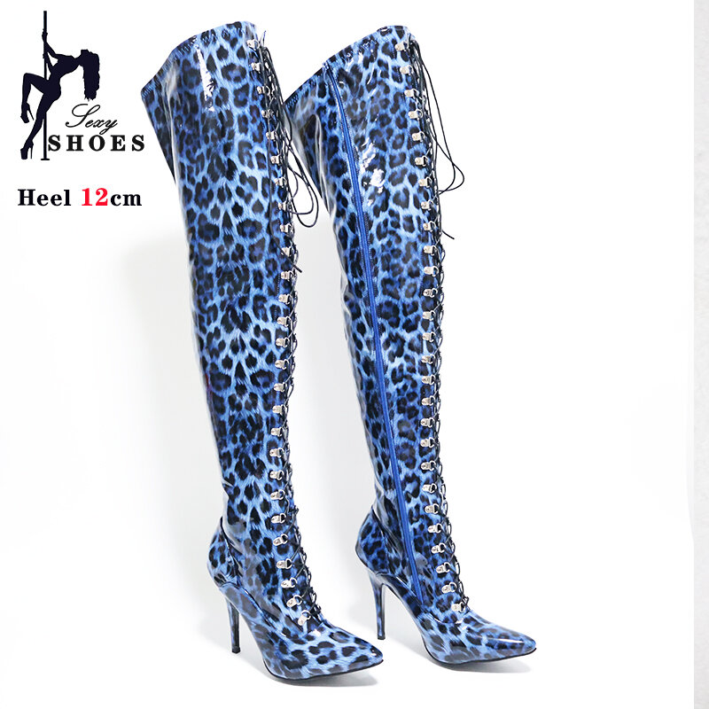 Cuissardes en cuir à imprimé léopard pour femmes, chaussures à talons hauts, cuissardes, bottes longues, décapant, sexy, nouveau, printemps, 12cm, 13cm