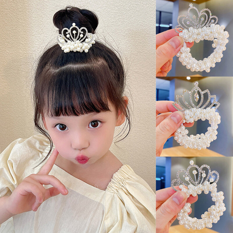 Elastic Princess Hair Bands for Children, Pearl Crown, Rubber Ball, Bun Ties, Hair Styling Acessórios, Fashion