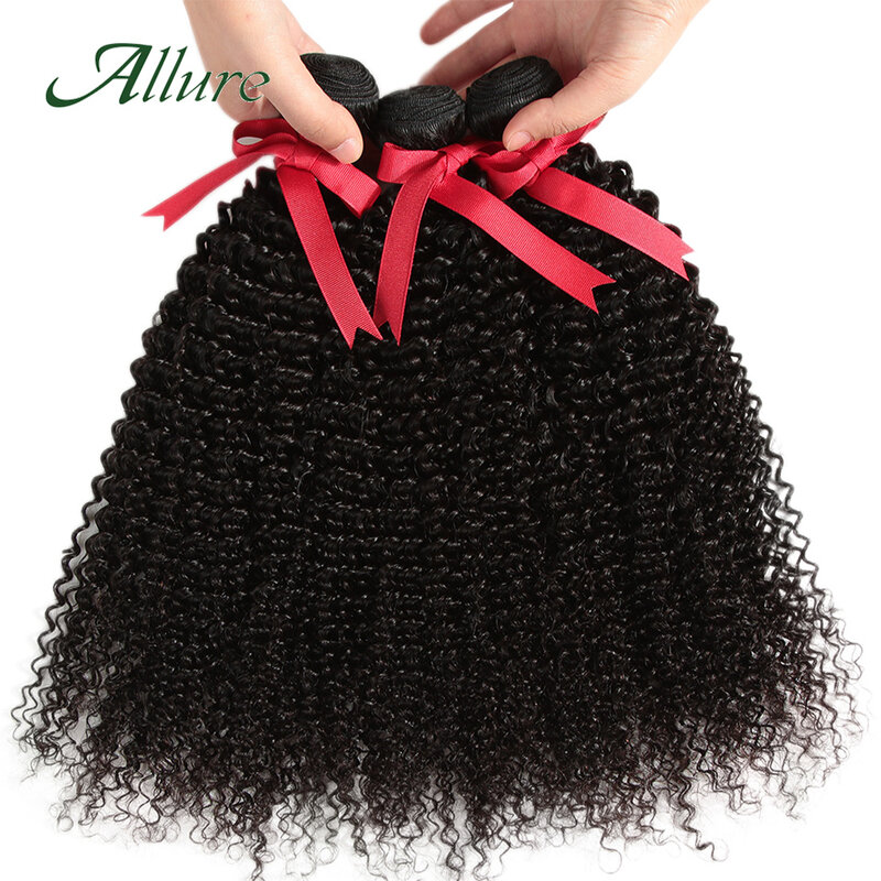 Extensiones de cabello humano ondulado, mechones de pelo rizado brasileño, negro Natural, largo, Remy, 1/3/4 piezas, Allure