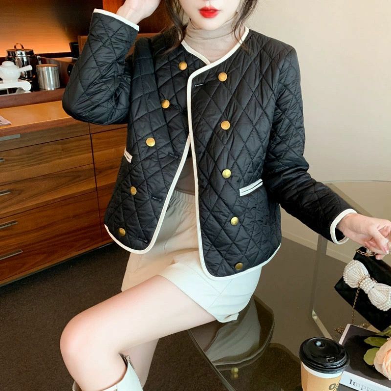 Parka vintage com decote em O feminino, jaqueta dupla-mama, parkas acolchoadas de algodão leve, casaco quente, moda coreana
