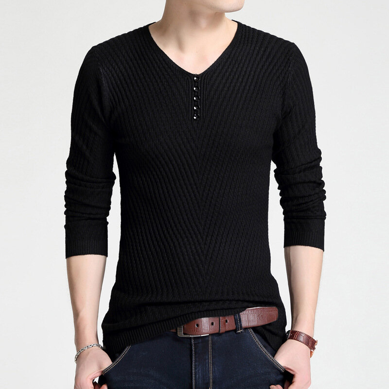 Liseaven Sweater leher V pria, pakaian tarik Homme warna polos musim gugur dan dingin untuk lelaki
