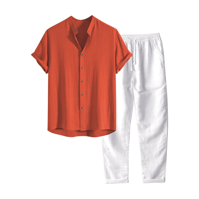 Koszule w stylu Harajuku zestawy spodni dla mężczyzn letnia koszulka na co dzień koszule w jednolitym kolorze ze stójką z krótkim rękawem