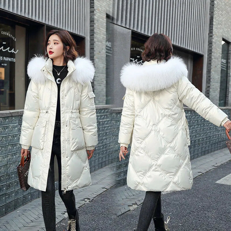 Chaqueta acolchada de algodón para mujer, abrigo holgado con cuello de piel, informal, brillante, a la moda, novedad de 2023