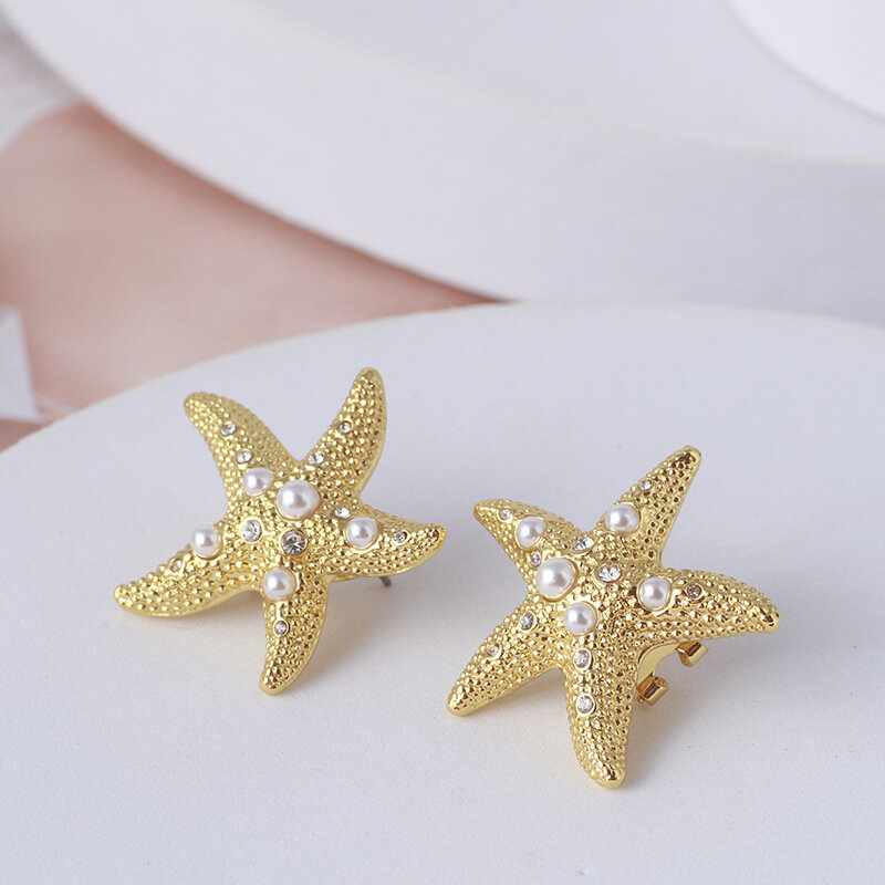 Golden Starfish pearl stud earrings new exaggerated irregular women classic fine jewelry