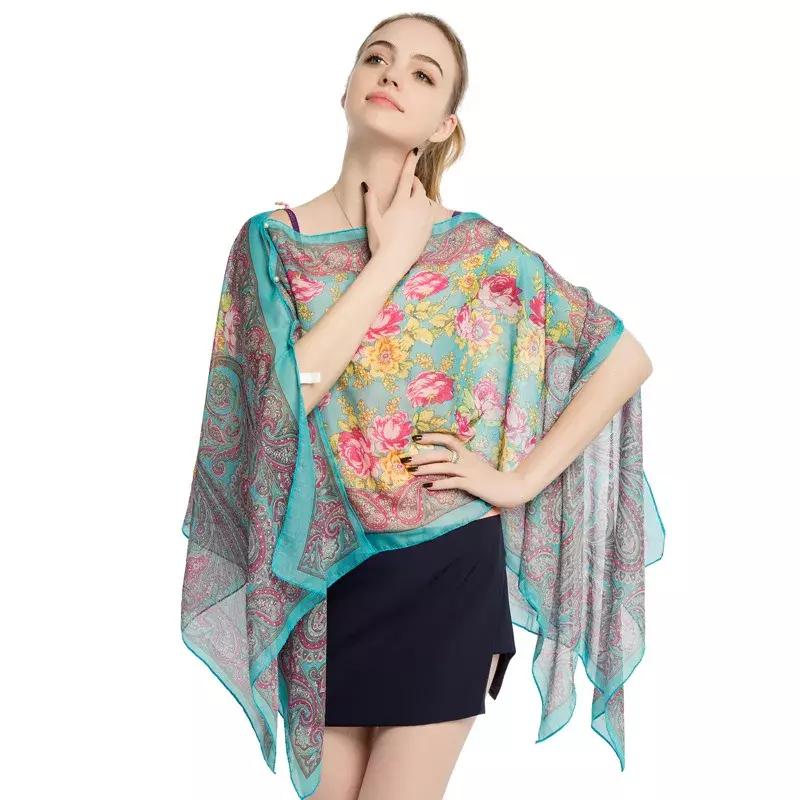 Bufanda de seda estampada para mujer, Jersey creativo con hebilla de perlas, chal de Bikini para playa, protector solar, color azul, novedad de verano 2024