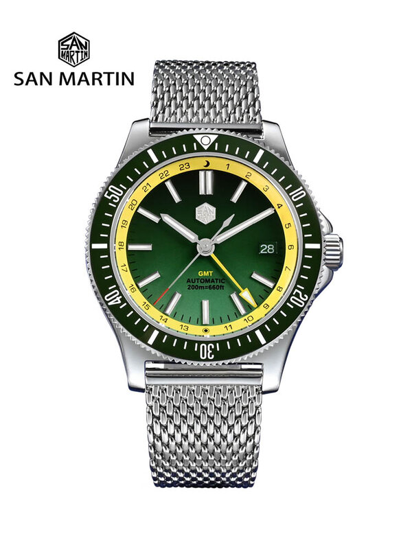 San Martin оригинальный дизайн 41 мм GMT часы для дайвинга NH34 автоматический механический быстроразъемный Браслет Водонепроницаемый 200 м светящийся SN0119