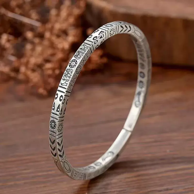 Mencheese 999 Silver Bracelet Vintage Solid Couple Hand Chain Ancient Simple Style Handmade Solid Opening Live Bangle