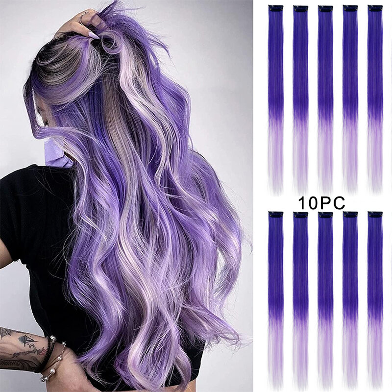 10PC Straight Ombre Colored Clip In Hair One Piece Long Synthetic Rainbow 22Inch Party Highlight Extensions For Women Kids Girls