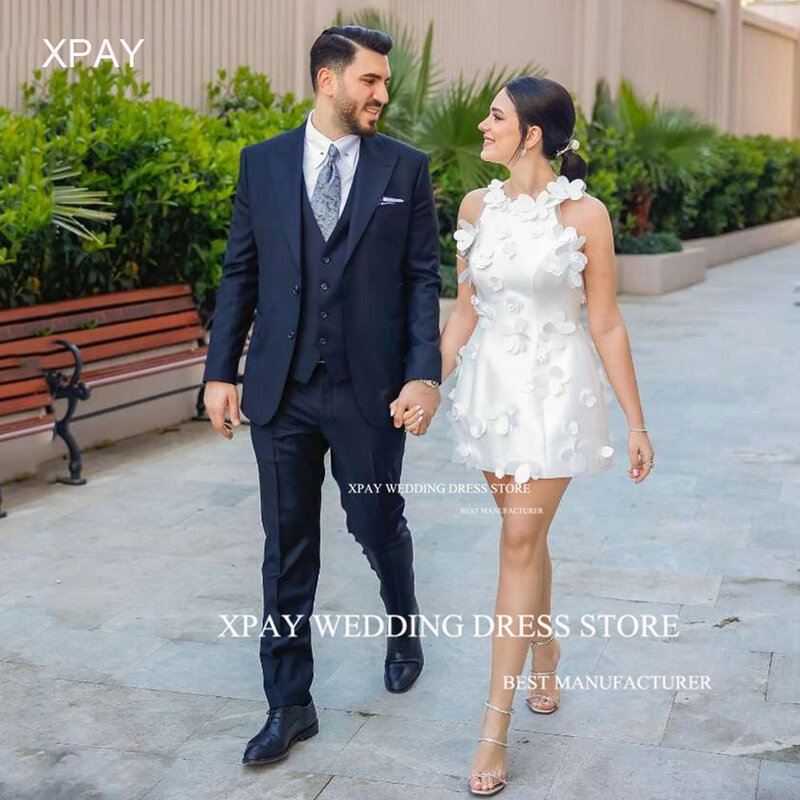 XPAY Halter O Neck Short Mini Wedding Dresses 3D Lace Appliques Sleeveless Bridal Gown Backless Draped Custom Made Bride Dress