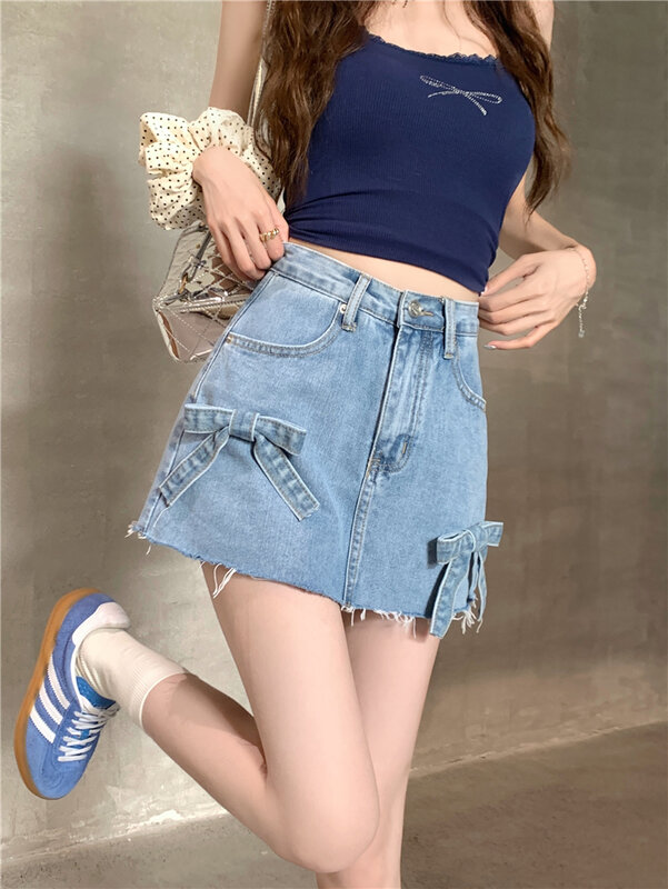 Benuynffy Vintage Raw Hem Denim gonna donna estate vita alta una linea minigonna fiocchi coreani Casual Streetwear Jean gonne