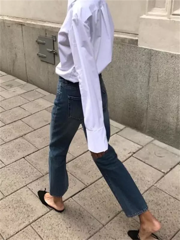Calça jeans reta de algodão feminina, cintura alta, zíper, jeans com bolsos que combina com tudo, moda verão