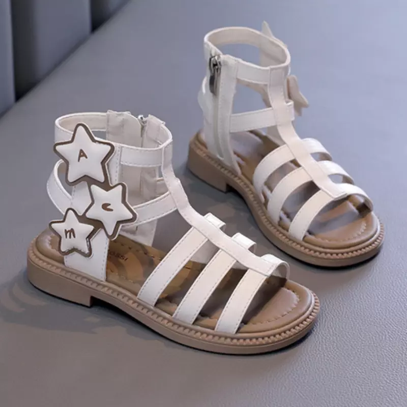 Sandálias de gladiador princesa de dedo aberto feminino, sandálias romanas infantis, com fecho de praia de alto corte infantil, moda casual, verão