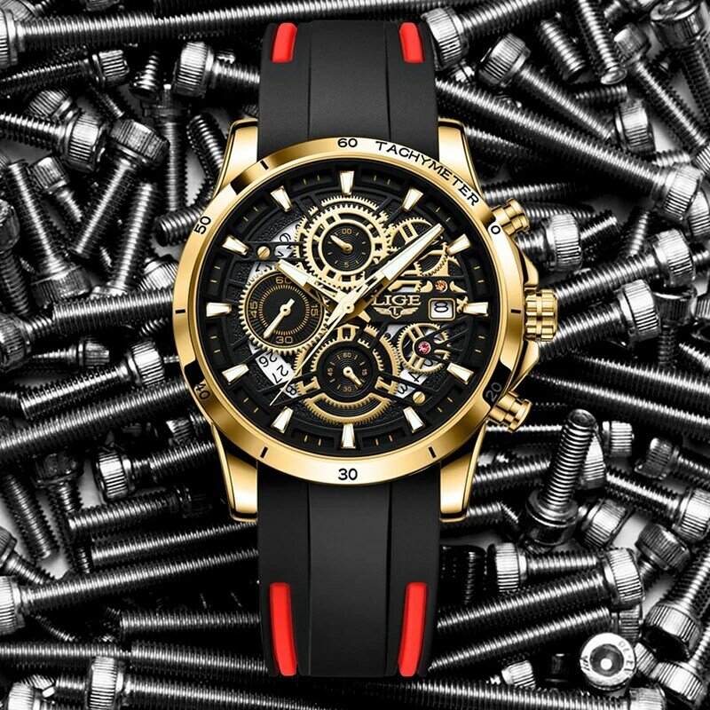 LIGE New Military Watches for Men Luxury Sport Chronograph  WristWatch ​Waterproof Quartz Big Clock Creative  Male Watch  Silico
