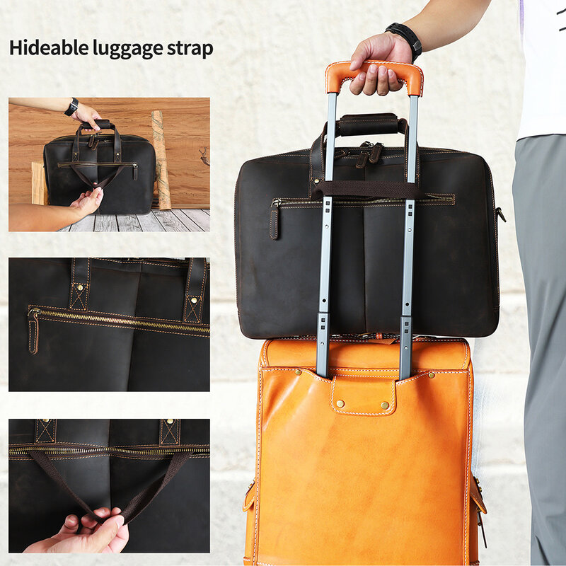 Maleta de couro genuíno masculina, laptop de 17 ", viagem de negócios, ombro de trabalho, bolsa mensageiro com alça de bagagem