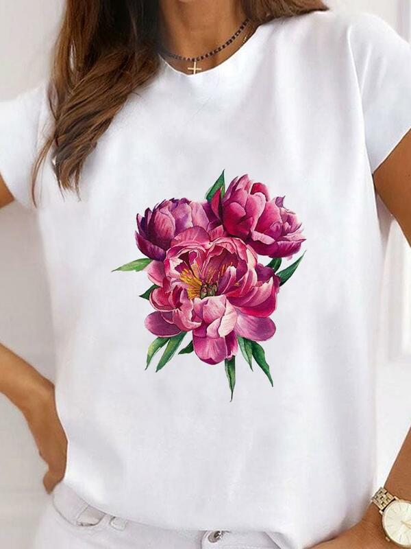 Bloemenletter Trend Bloemenkleding Dameskleding Grafisch T-Shirt Dames Print T-Shirt Met Korte Mouwen Mode Basic T-Top