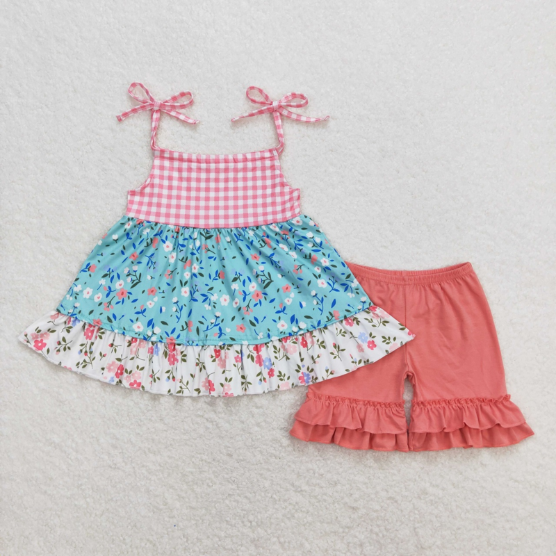 Wholesale Toddler Sleeveless Floral Plaid Tunic Tops Kids Ruffle Cotton Shorts Baby Girls Sets Children Summer Infant Outfits