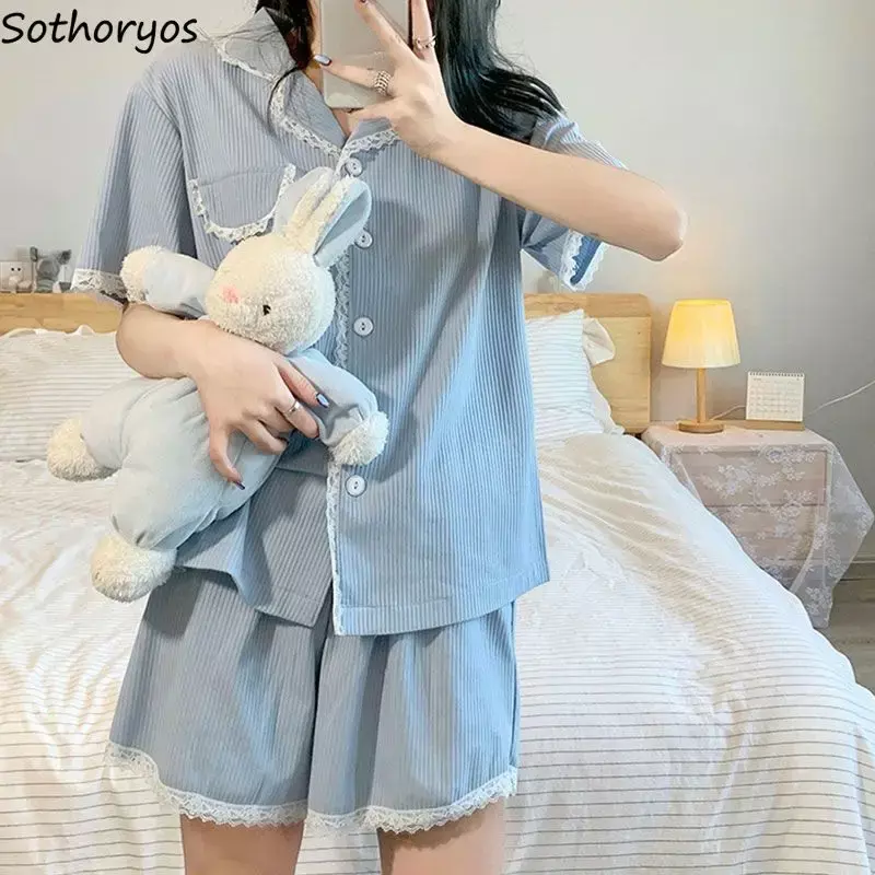 Conjuntos de pijama de encaje estilo japonés para mujer, ropa de descanso para adolescentes, básicos simples, diseño común, cuello vuelto Chic