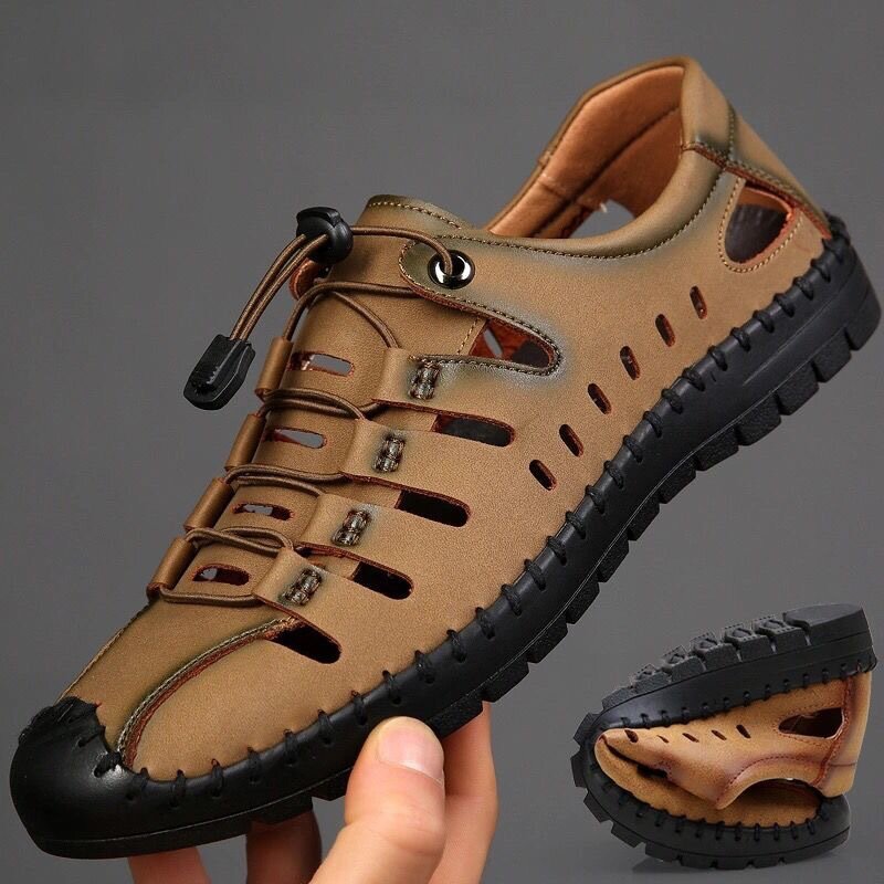 New Business Hollow Casual Leather Shoes Two Layer Cowhide Breathable Men's Shoes Soft Sole Soft Anti-slip Driving Shoes Sandals
