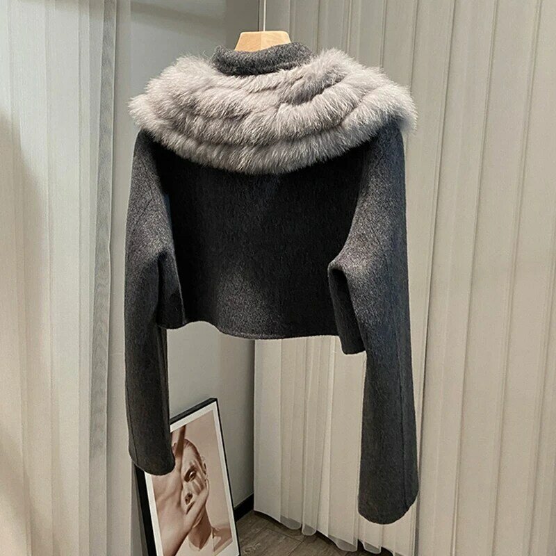 Autumn Winter Real Fur Coat Jacket Women Natural Fox Fur Collar Short Cashmere Wool Woolen Ladies Outerwear Female Coat