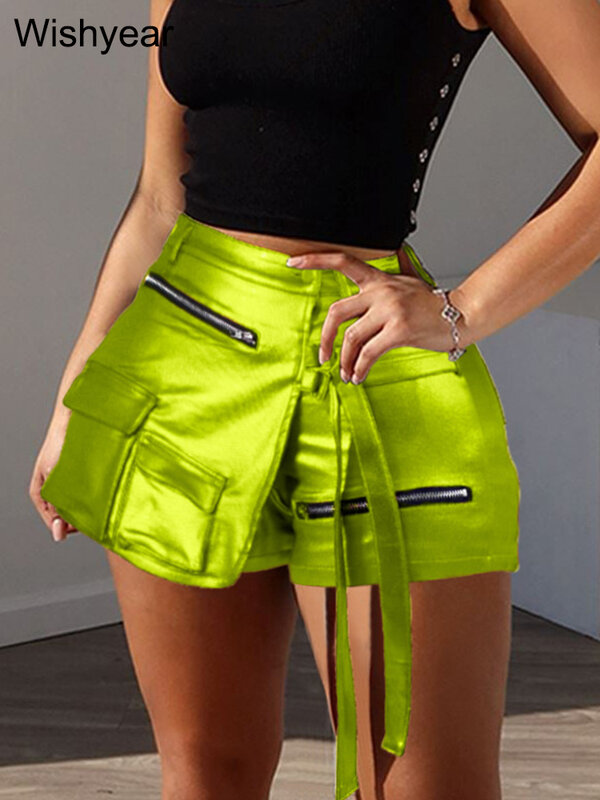 Элегантные Асимметричные эластичные юбки-шорты, летняя пляжная Женская юбка с карманами и молнией, металлик, модель 2024
