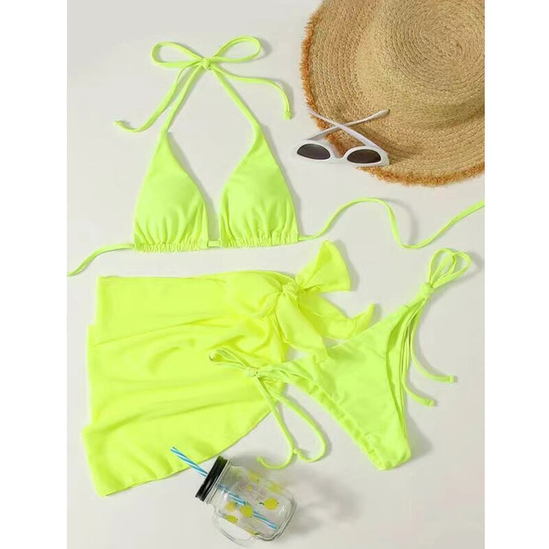 Новый неоново-желтый комплект из 3 предметов, купальник, женские стринги, купальник, сексуальное микро-бикини с юбкой-саронг, пляжная одежда, купальный костюм, плавание