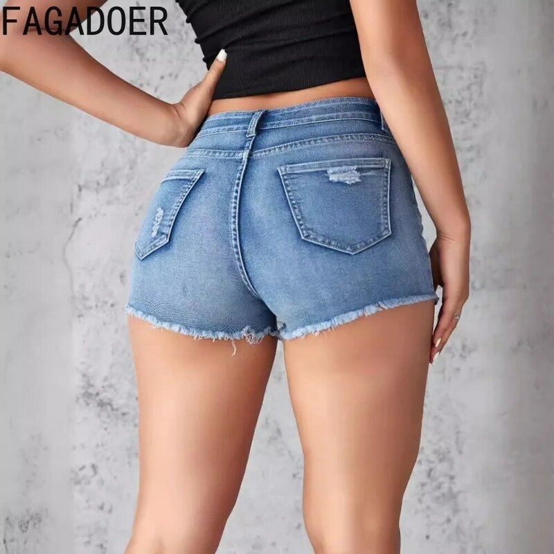 FAGADOER Summer New Hole Denim Shorts Women High Waisted Button Pocket Jean Fashion Female Solid Color Cowboy Matching Bottoms