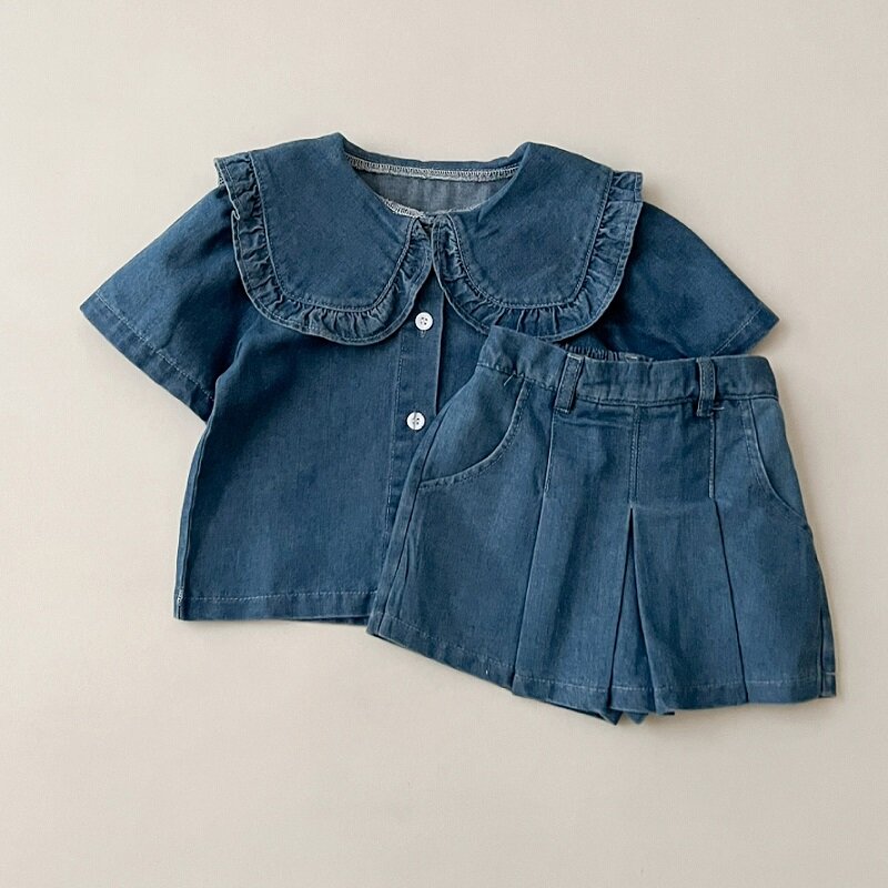 Летний детский костюм для возраста 0-6 лет, однотонный джинсовый топ с коротким рукавом и юбка до локтя для стильной девочки, комплект с коротким рукавом
